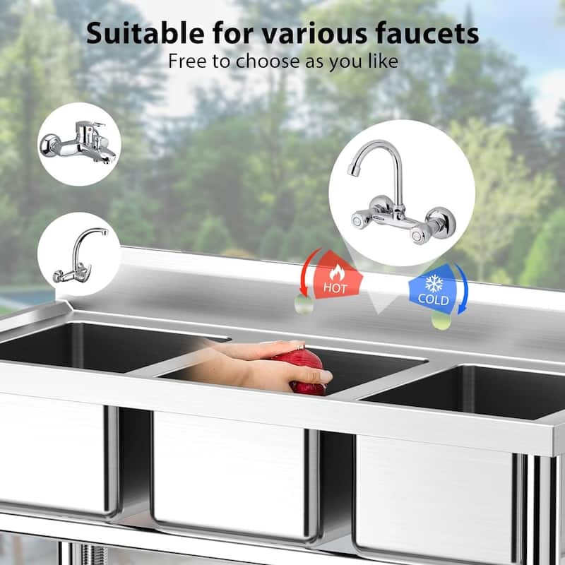 Freestanding Stainless Steel 3 Bowls Sink for Garage, Kitchen - 39 x 18 x 37 Inch