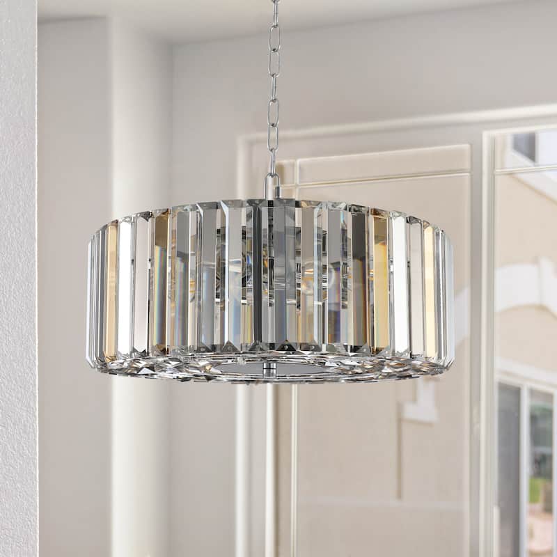 17" Chrome Crystal Pendant Chandelier, Modern Hanging Light Fixture with Adjustable Height, 4-Light E26 Base - Transparent