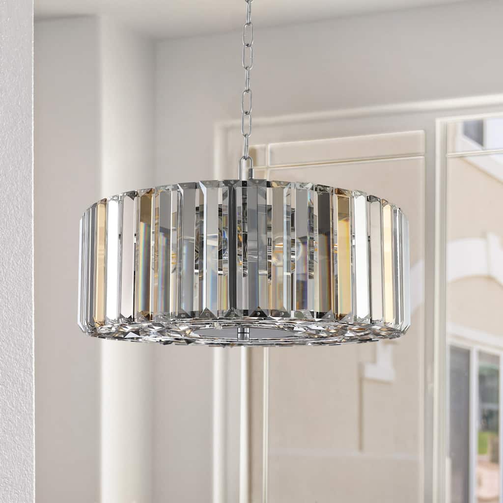 17" Chrome Crystal Pendant Chandelier, Modern Hanging Light Fixture with Adjustable Height, 4-Light E26 Base