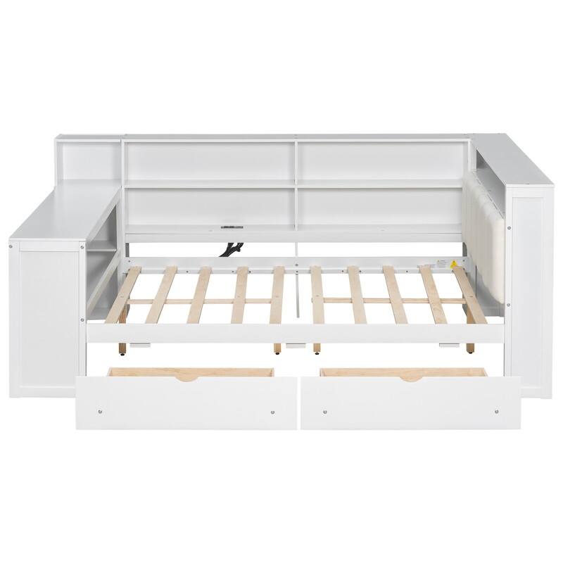 Twin/Full Size Storage Platform Bed w/ Shelves & Drawers, Wooden Daybed w/ Upholstered Headboard, Charging Station & Light