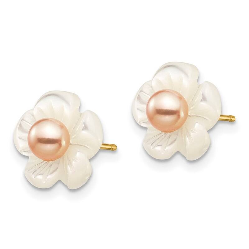 Curata 14k Yellow Gold 10mm 3-4mm Pink Freshwater Cultured Pearl Mother of Pearl Flower Earrings