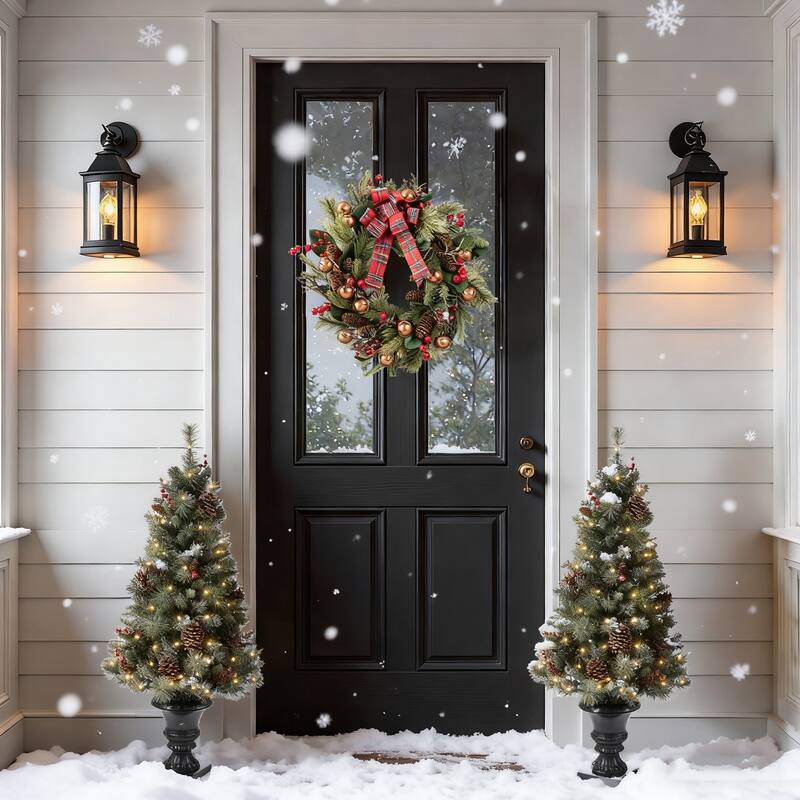 Glitzhome 4/5ft Pre-Lit Snow Flocked Christmas Tree in Pot, Berry Bow Wreath and Garland Set Xmas Decor