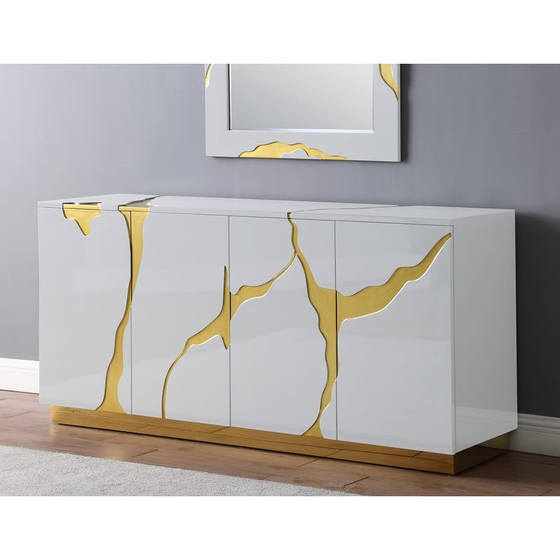 Best Master Furniture 66-Inch Lacquer Poplar Wood 4-Door Sideboard with Adjustable Shelves - White