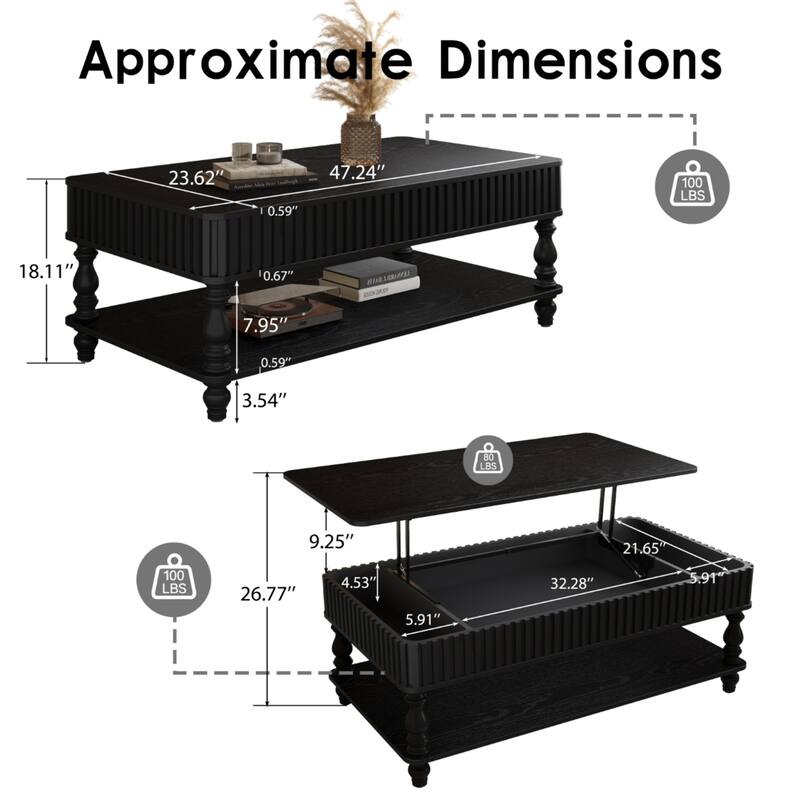 Roomfitters 47" Lift Top Coffee Table, Solid Wood Fluted Center Table with Roman Legs & Hidden Storage