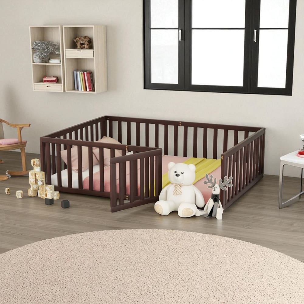 Full Size Wooden Floor Bed Frame with Fence and Door, Montessori Daybed for Kids, No Slats Needed