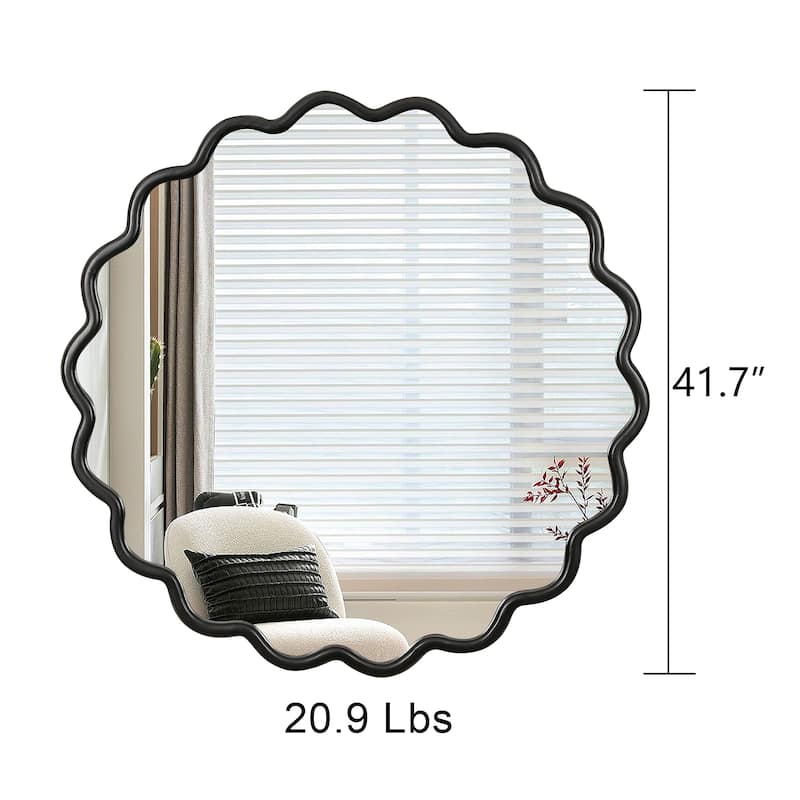 Mia Solid Wood Wavy Round Wall Mirror with HD Reflection and Artistic Frame Design by GDFStudio