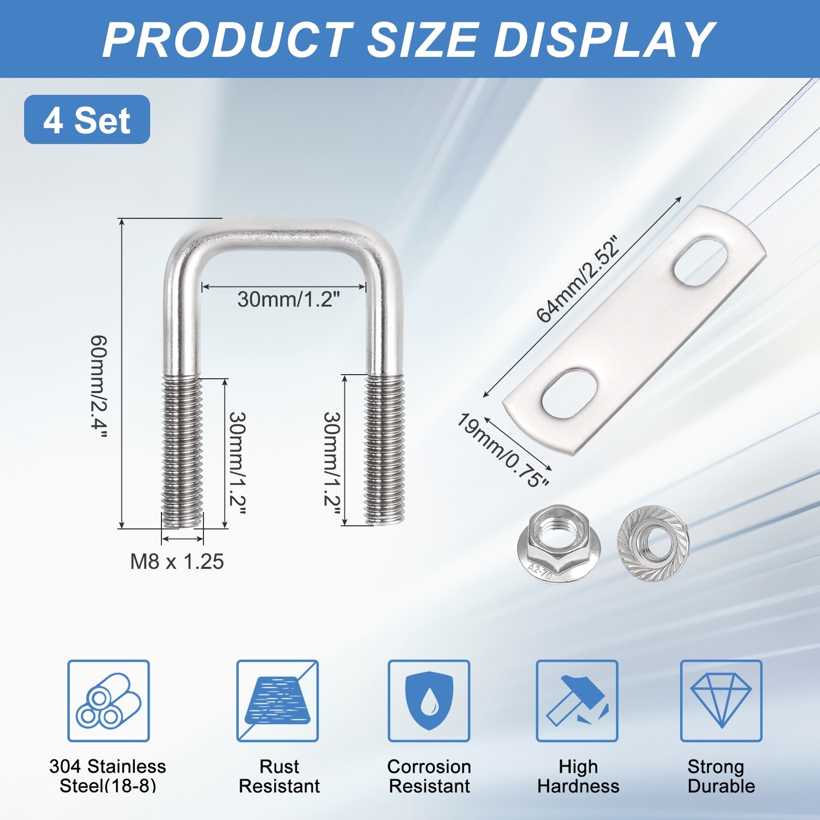 Square U Bolts, 304 Stainless Steel U-Bolts with Flange Hexagon Nuts, Frame Plates for Trailer