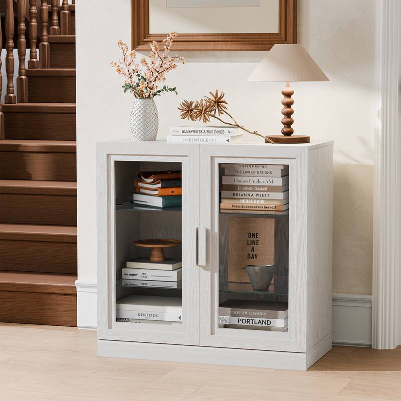 31"H Classic Storage Cabinet with Adjustable Shelves with Glass Door - White
