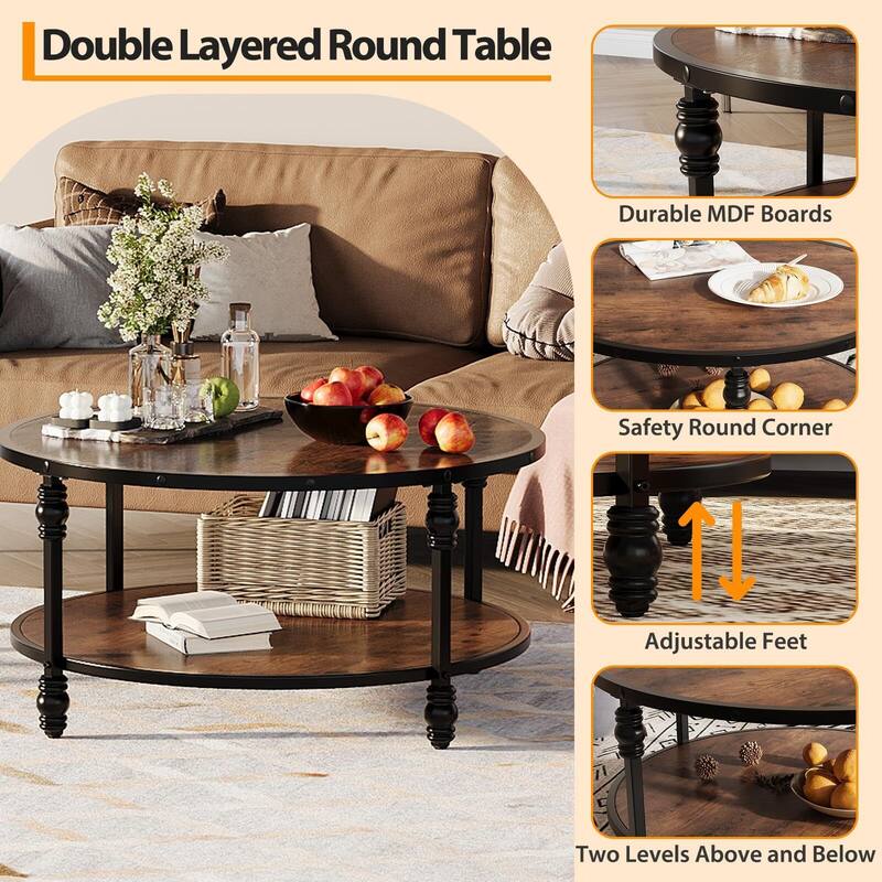 Round Coffee Table for Living Room Rustic Center Table with Storage