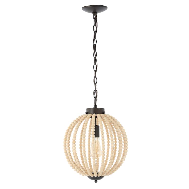 Alba 12.5" 1-Light Rustic Bohemian Iron/Wood Bead LED Pendant, Oil Rubbed Bronze/Brown by JONATHAN Y