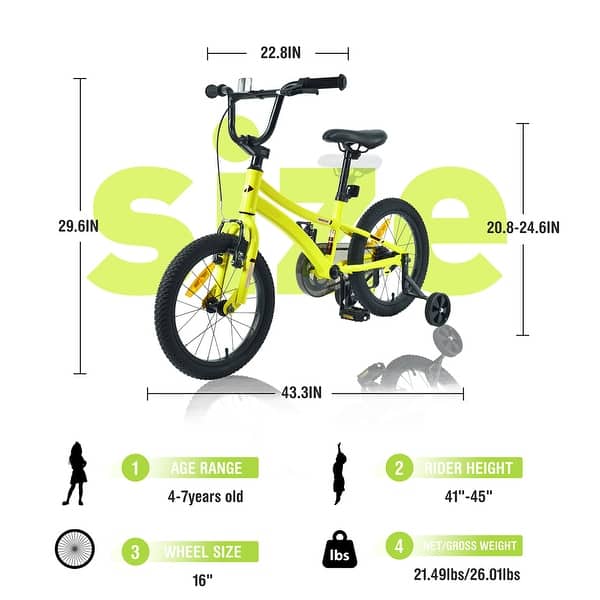 dimension image slide 0 of 4, 16 Inch Road City Bike For Toddlers Kids, Steel Frame Road Bike With Training Wheels, Lightweight Kids City Bike