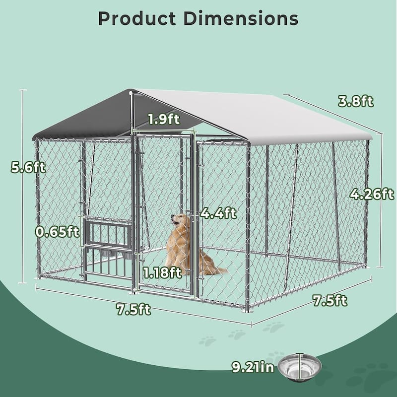 Outdoor Dog Kennel with Roof and Bowls, Large Dog House Pen Enclosure with Sidebar