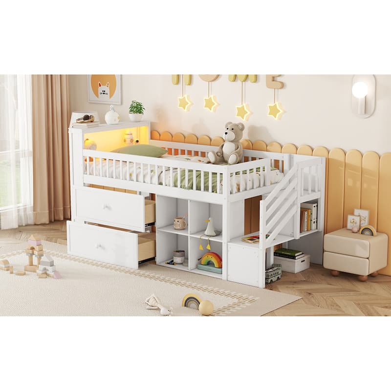 Roomfitters Twin Low Loft Platform Bed, LED Bookshelf and Storage Drawers with Wooden Frame for Bedroom or Guest Room, White