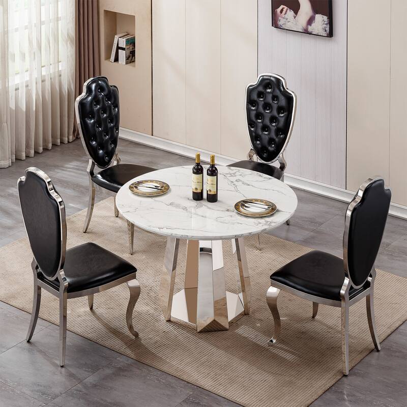 47" Round Dining Table with Faux Marble Tabletop and Stainless Steel Base - Silver+White