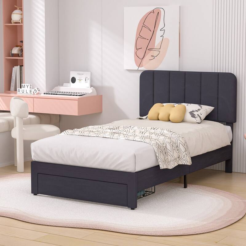 VECELO 2-Pack Kid Bed Frame Set Twin Size Platform Bed with Adjustable Upholstered Headboard Storage Drawer No Box Spring Needed
