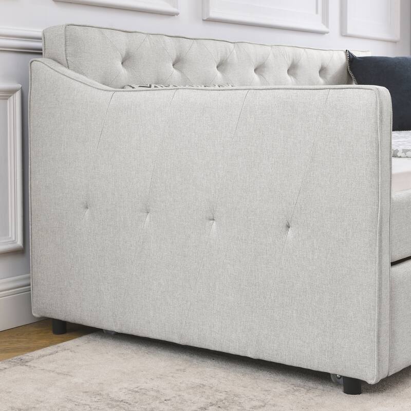 Roomfitters Twin Upholstered Daybed with Twin Trundle, Tufted Backrest and Elegant Waved Arms