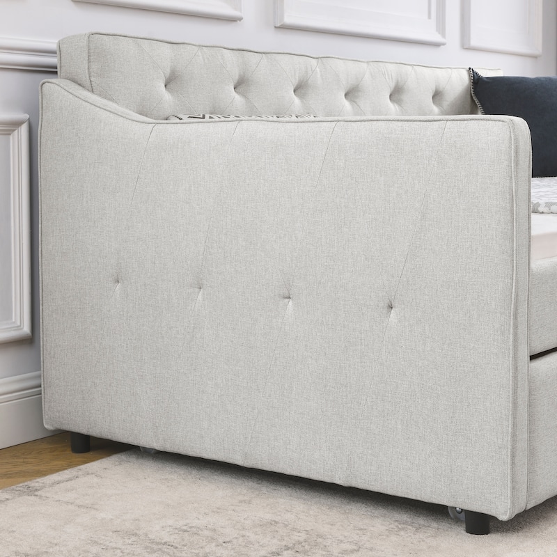 Twin Size Daybed with Trundle Upholstered Tufted Sofa Bed, Beige