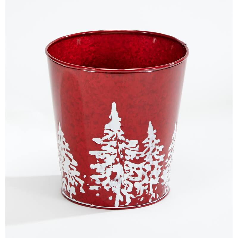 Red Galvanized Metal Christmas Planter Bucket with Tree Design, 7.5" Height, 7" Diameter, Set of 2 - 7.5
