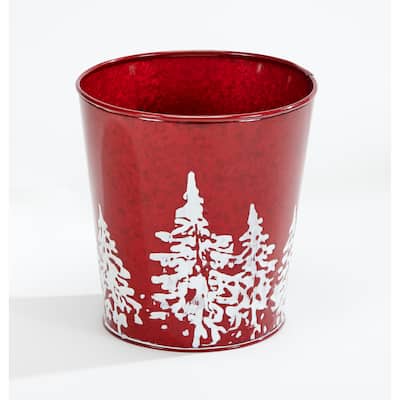 Red Galvanized Metal Christmas Planter Bucket with Tree Design, 7.5" Height, 7" Diameter, Set of 2 - 7.5