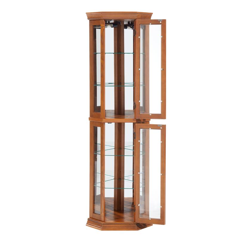 Elegant Lighted Corner Curio Cabinet with Adjustable Glass Shelves & Tempered Glass Doors for Display