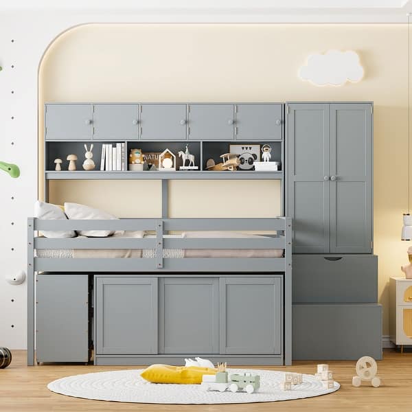 slide 2 of 14, Full Size Loft Bed Storage Kids Bed with Storage Compartments, Shelf, Wardrobe, Storage Stairs, Under-bed Desk, Cabinets, Grey Grey - Full