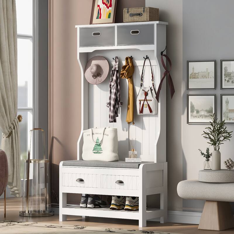 Hall Tree with 6 Hooks and Hinged Lid,Coat Hanger,Entryway Bench