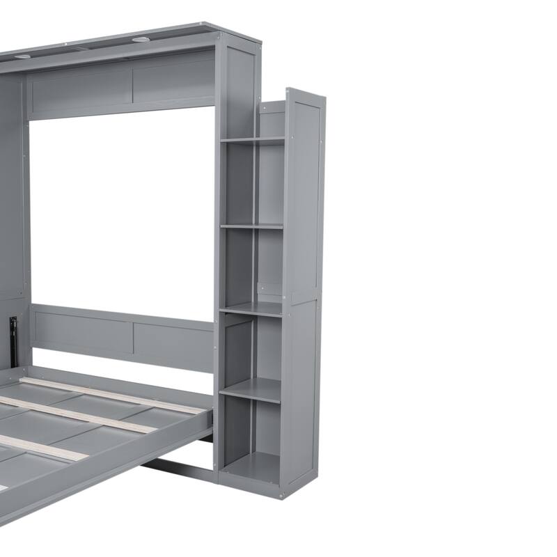 GDFStudio - Carter Full Size Murphy Wall Bed with Shelves, LED Light, and Fold-Away Design