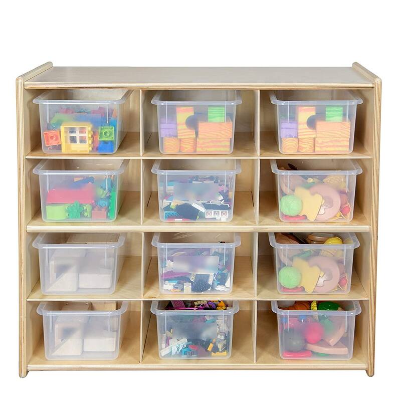 Wood Designs 12 Cubby Storage Cabinet with Translucent Bins, Toddlers Birch Wood Toy Storage Organizer for Kindergarten - 30"