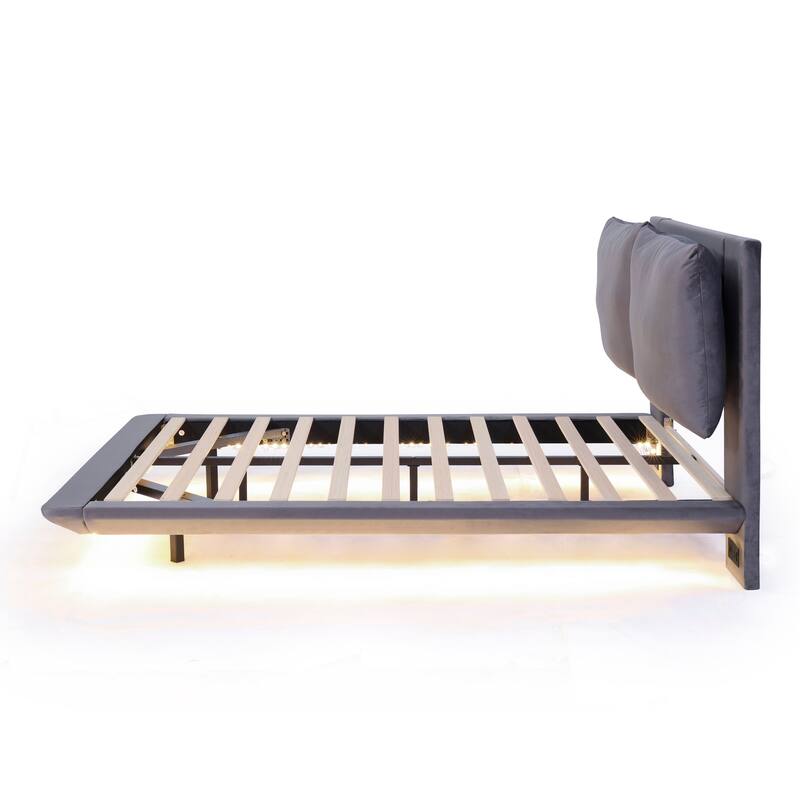 Upholstered Platform Bed w/ Sensor Light & Backrests, 2 Sets of Socket