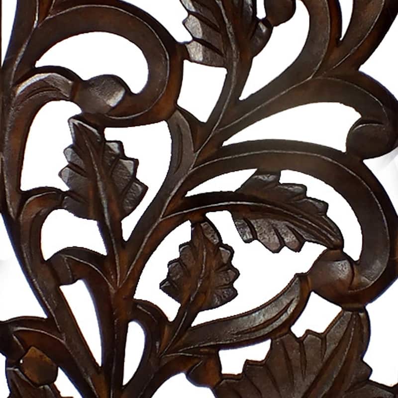 Mango Wood Wall Panel Hand Crafted with Leaves and Scroll Work Motif, Brown