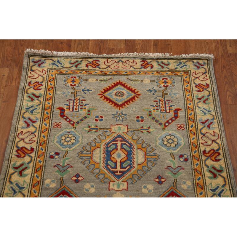 Geometric Kazak Runner Rug Handmade Grey Wool Carpet - 2'8" x 16'3"