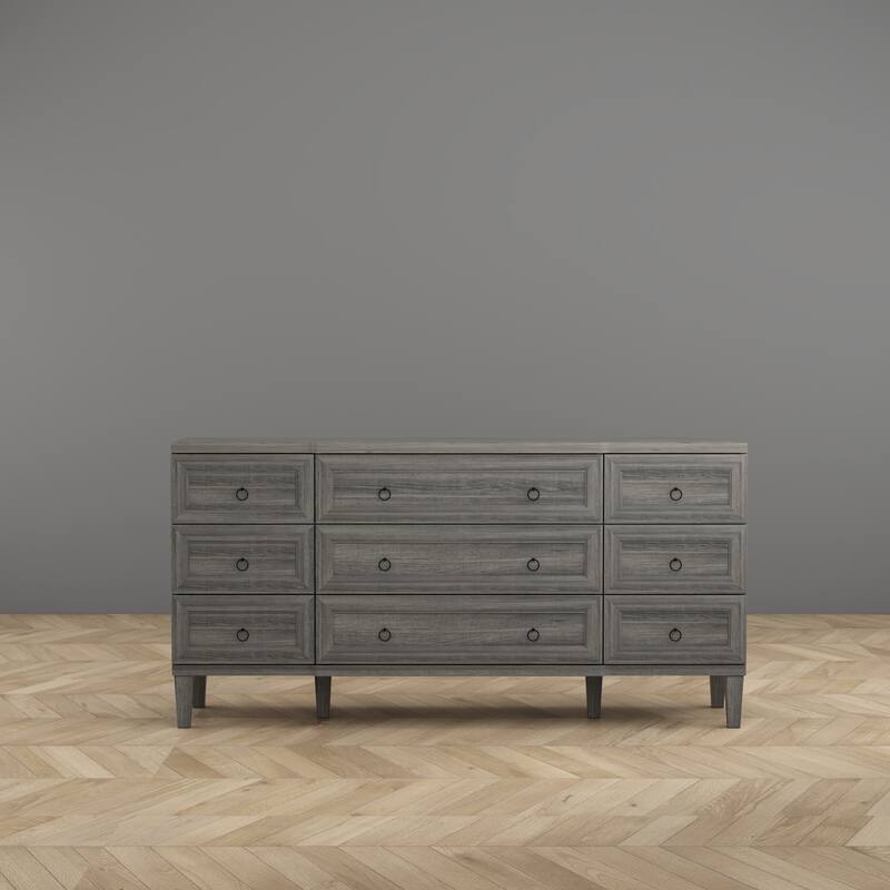 63.4" Wide 9 Drawer Dresser, Modern Light Wood Bedroom Dresser with Solid Legs for Storage