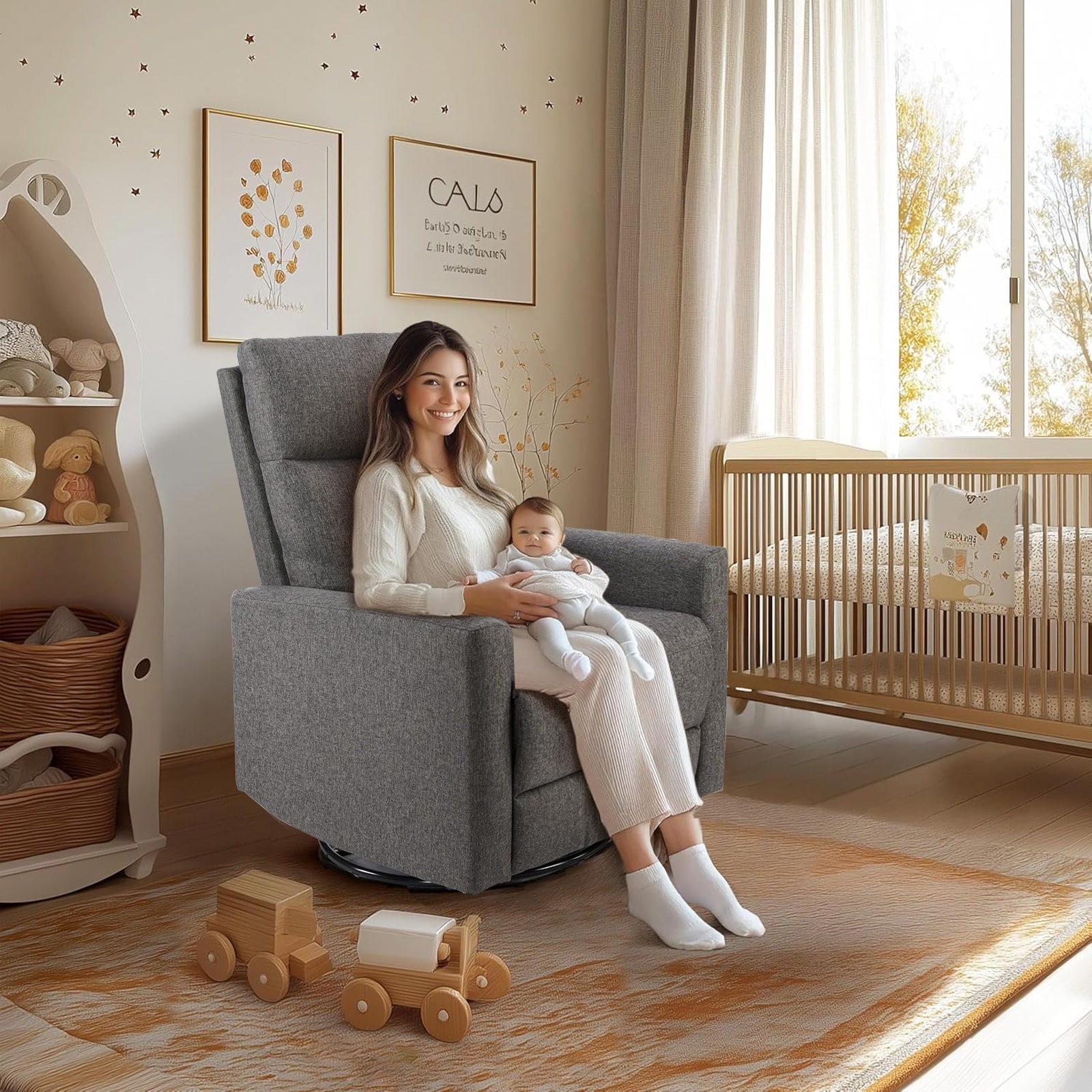 thumbnail interactive-video image 1 of Rocking Recliner Chair With Footrest, Foldable Glider For Nursery & Living Room, Upholstered 1 of 14