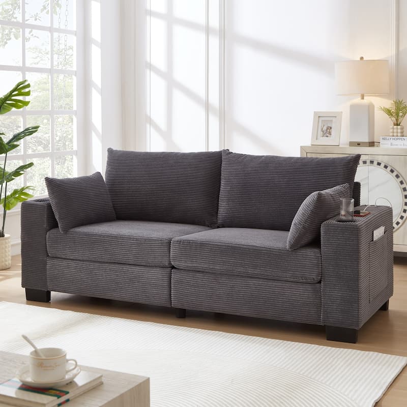 78" Corduroy 3-Seater Sofa with USB Ports, Cup Holders and Side Pockets