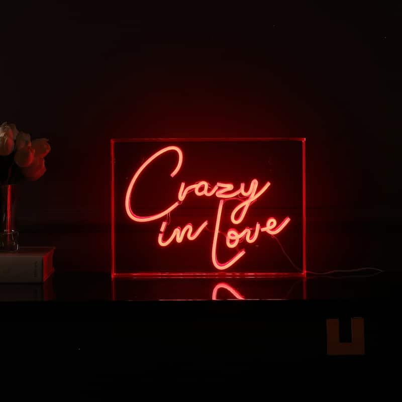 Crazy In Love 14" X 10" Contemporary Glam Acrylic Box USB Operated LED Neon Light, Red by JONATHAN Y - 14" X 10"
