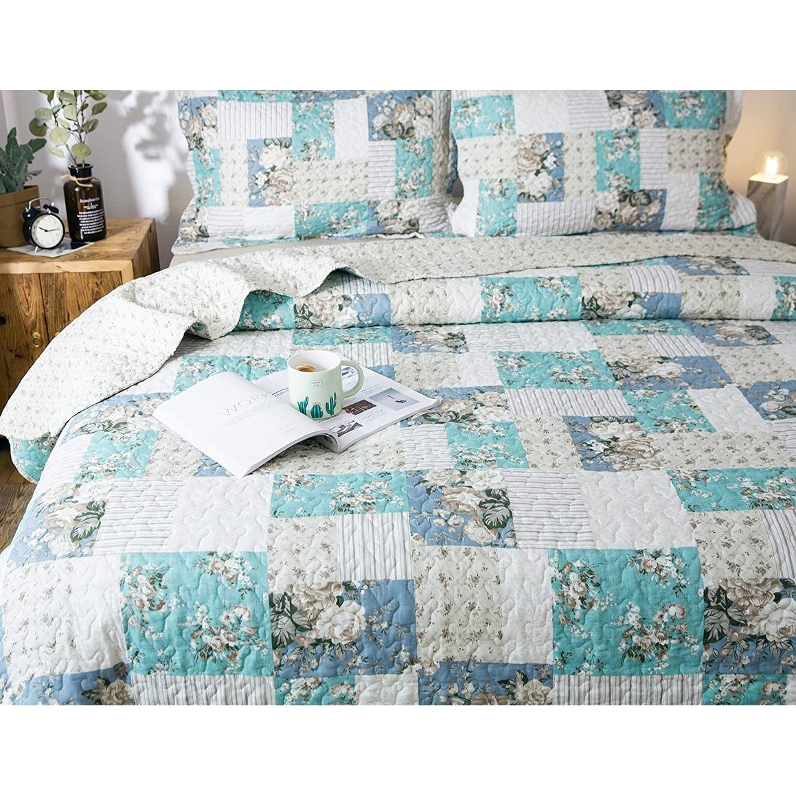 Aqua Green Kasentex Country-Chic Printed Pre-Washed Quilt Set Microfiber Fabric 