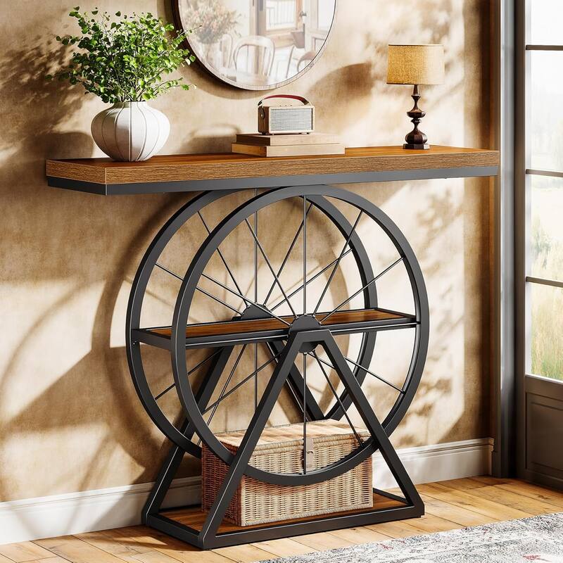 39.4" Console/Entryway Table, Industrial 3-Tier Sofa Table with Fixed Wheel Base - 39.37" L x 11.8" W x 33.46" H