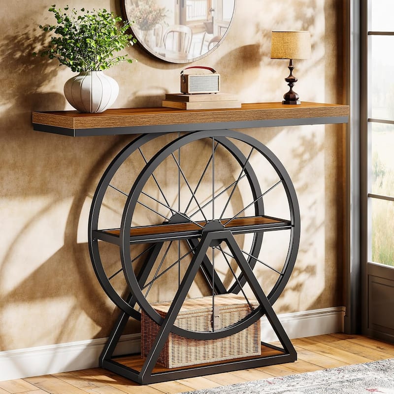 39.4" Industrial 3-Tier Console Table with Fixed Wheel Base for Living Room, Hallway, Foyer, Rustic Brown - Brown