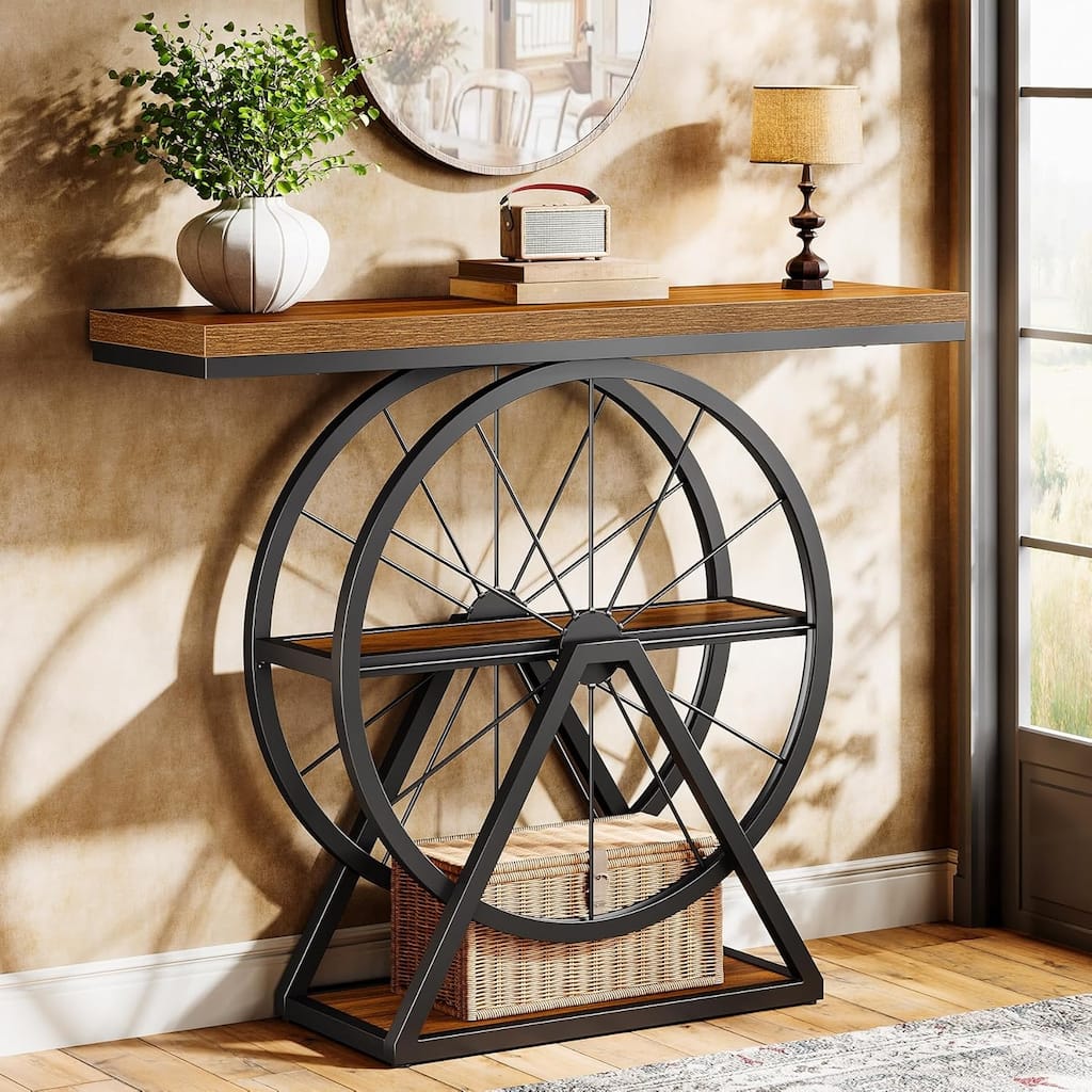 39.4" Industrial 3-Tier Console Table with Fixed Wheel Base for Living Room, Hallway, Foyer, Rustic Brown