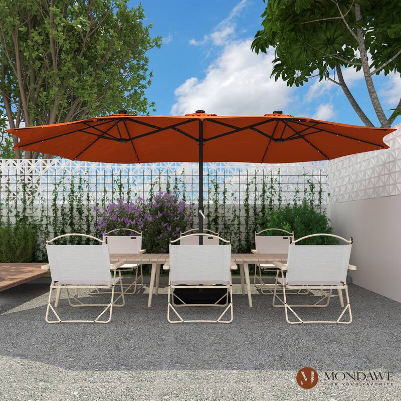 15ft Rectangular Patio Umbrella with Base and LED Lights - Orange