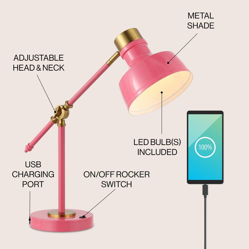 Odile 18.5" Classic Farmhouse Adjustable Cantilever LED Task Lamp with USB Charging Port, by JONATHAN Y