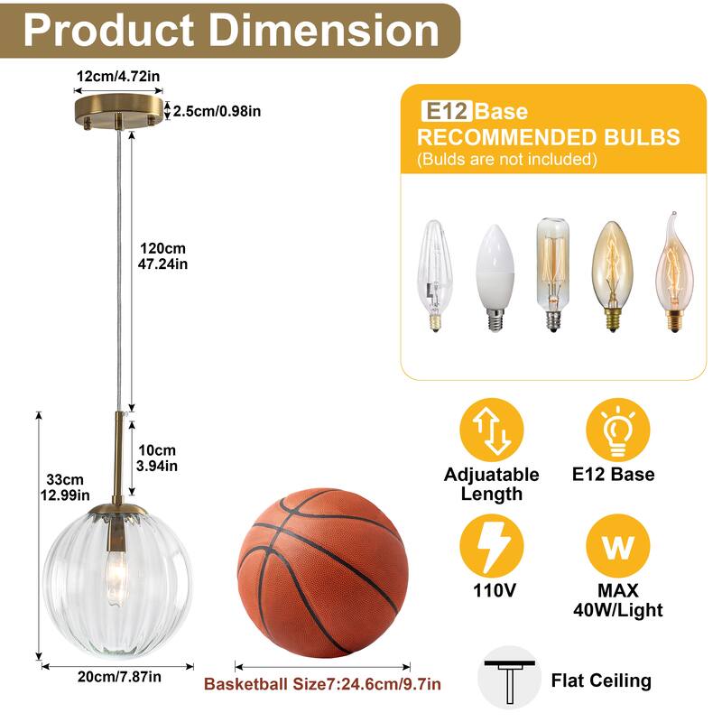 1-Light Brushed Gold Pendant Lighting with Clear Ribbed Glass Shade