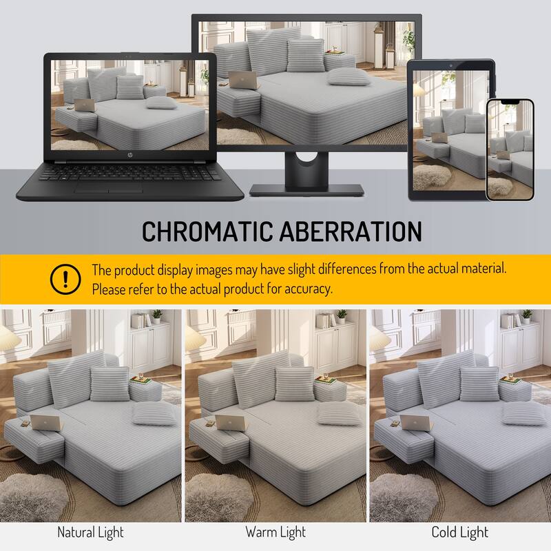 Luxurious Plush Corduroy Chaise Lounge Convertible Sofa Bed with Storage Pocket and Wide Armrests