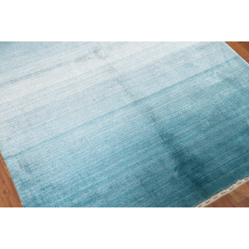 Contemporary Blue Striped Gabbeh Oriental Rug Handmade Wool Carpet - 3'10" x 5'5"