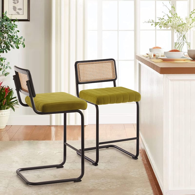 Velvet Upholstered Rattan Counter/Bar Stools, Set of 2/3