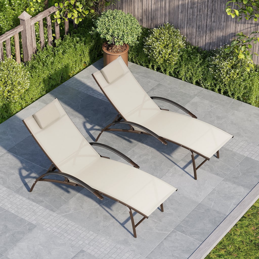 Outdoor Adjustable Reclining Chaise Lounge Chairs with Arms & Headrest (Set of 2)