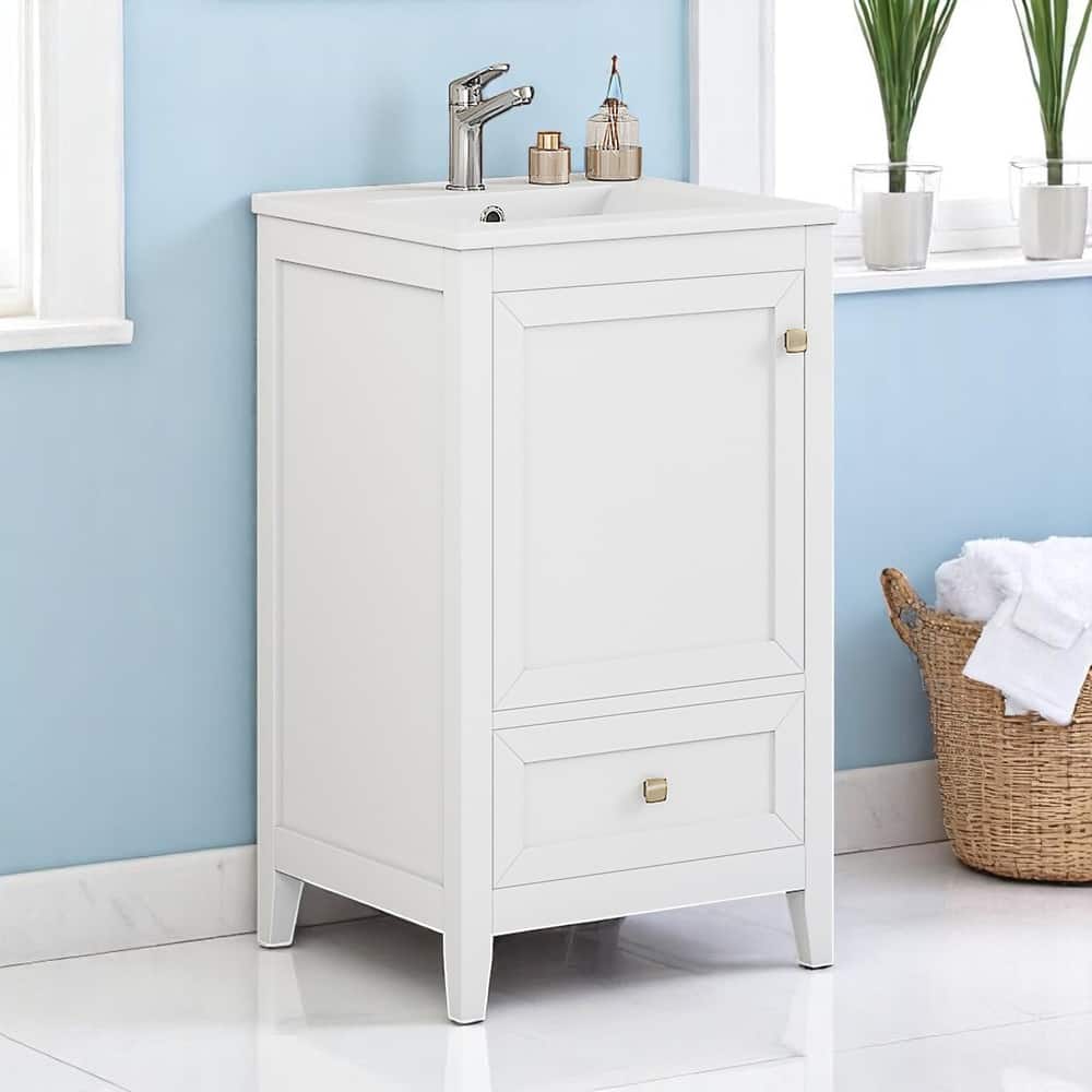 20" Freestanding Bathroom Vanity with Sink, Cabinet, Drawer & Two-Tier Storage Rack, White Finish
