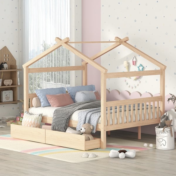 slide 2 of 56, Full Size Wooden House Bed with Drawers,Creativity House Bed,Solid Construction Natural