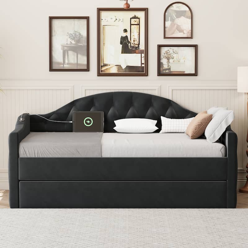 Tufted Upholstered Frame Daybed Velvet Sofa Bed with USB and Type-C Charging Ports, Twin Platform Low Profile Bed with Trundle