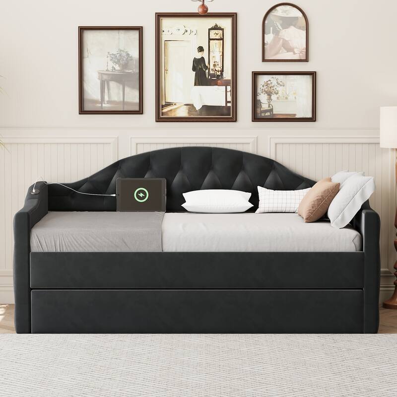 Velvet Tufted Upholstered Daybed with Trundle,USB & Type-C Charging Ports